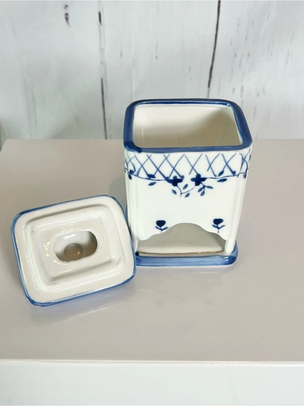 Vintage Blue & White Ceramic Tea Bag, sugar packet Dispenser Cottagecore Decor